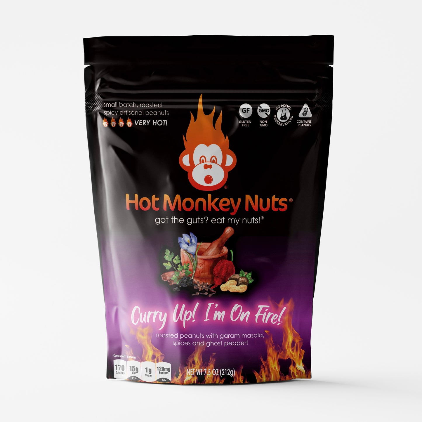 A package of Hot Monkey Nuts branded spicy Indian peanut snacks with 'Curry Up! I'm On Fire' text, featuring a graphic of a monkey and flames, indicating a spicy food product.