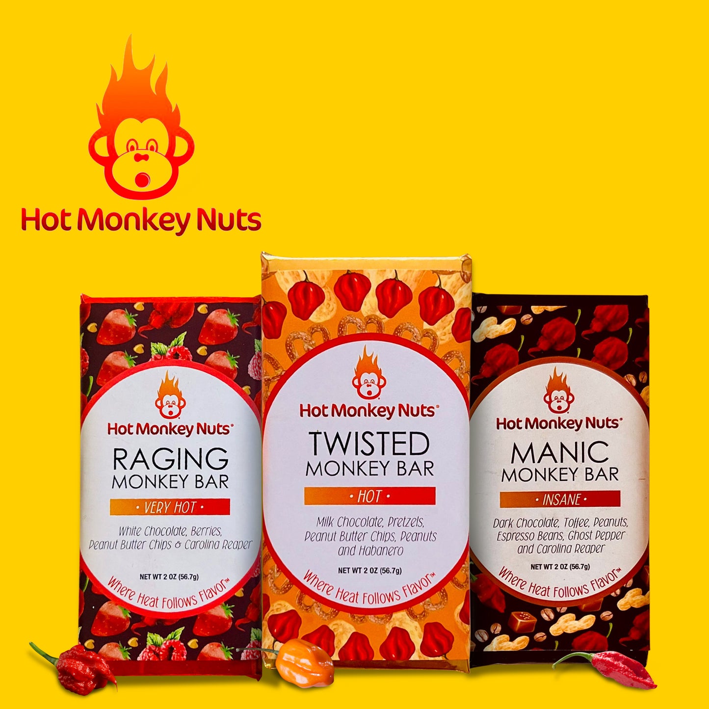 all 9 flavors of hot monkey nuts spicy artisanal peanuts with all the ingredients laid out