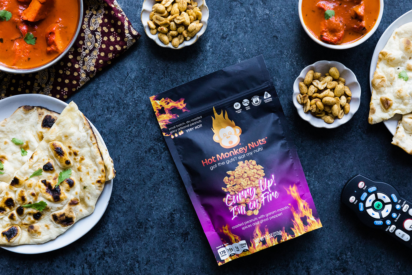 Spicy Artisanal Peanuts - Curry Up! I'm on Fire is made with Garam Masala, Buttermilk, Tomato, Spices, and Ghost Pepper