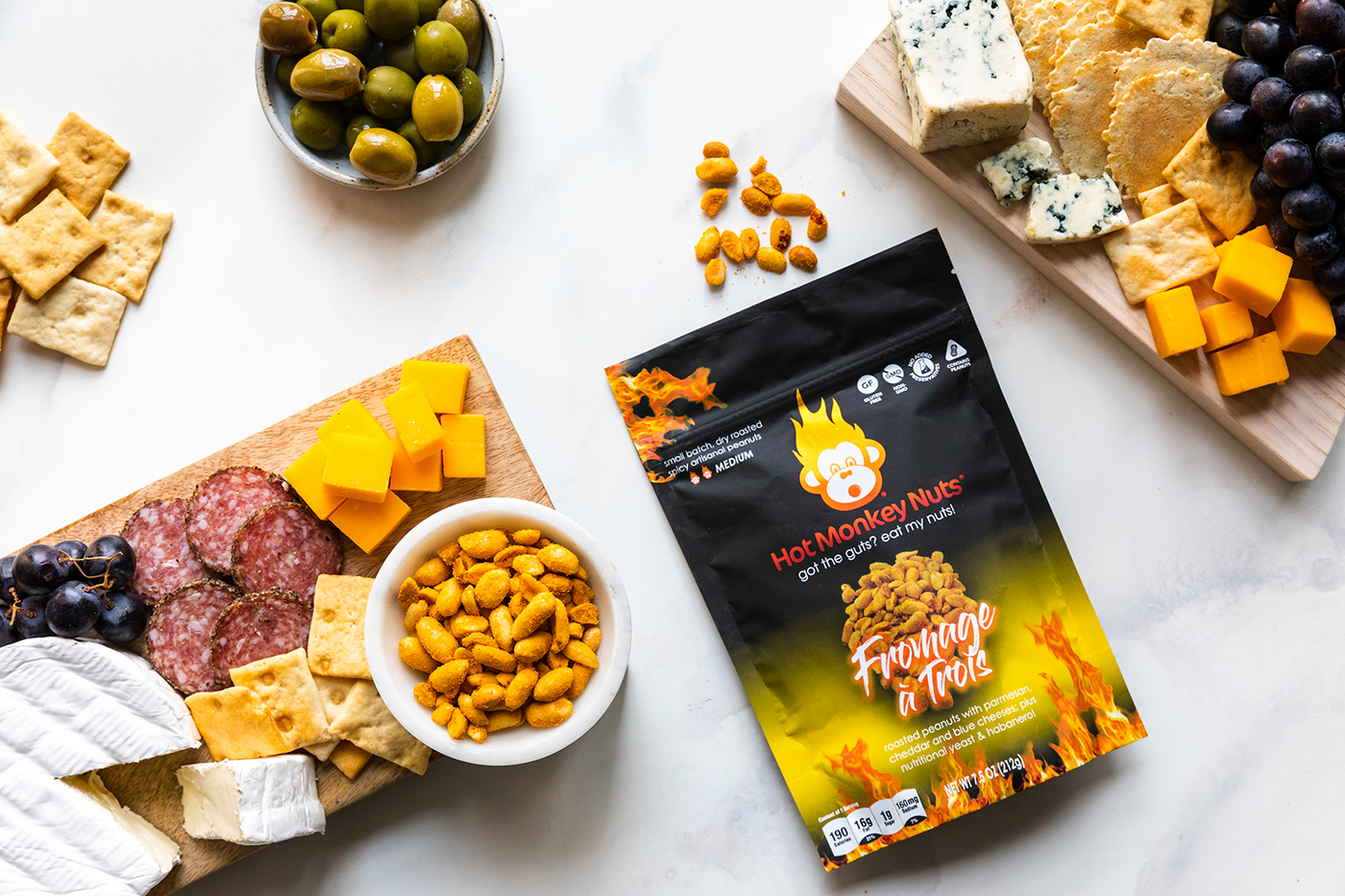 Fromage a Trois flavored spicy Hot Monkey Nuts are flavored with Cheddar, Blue, and Parmesan cheese, and Habanero